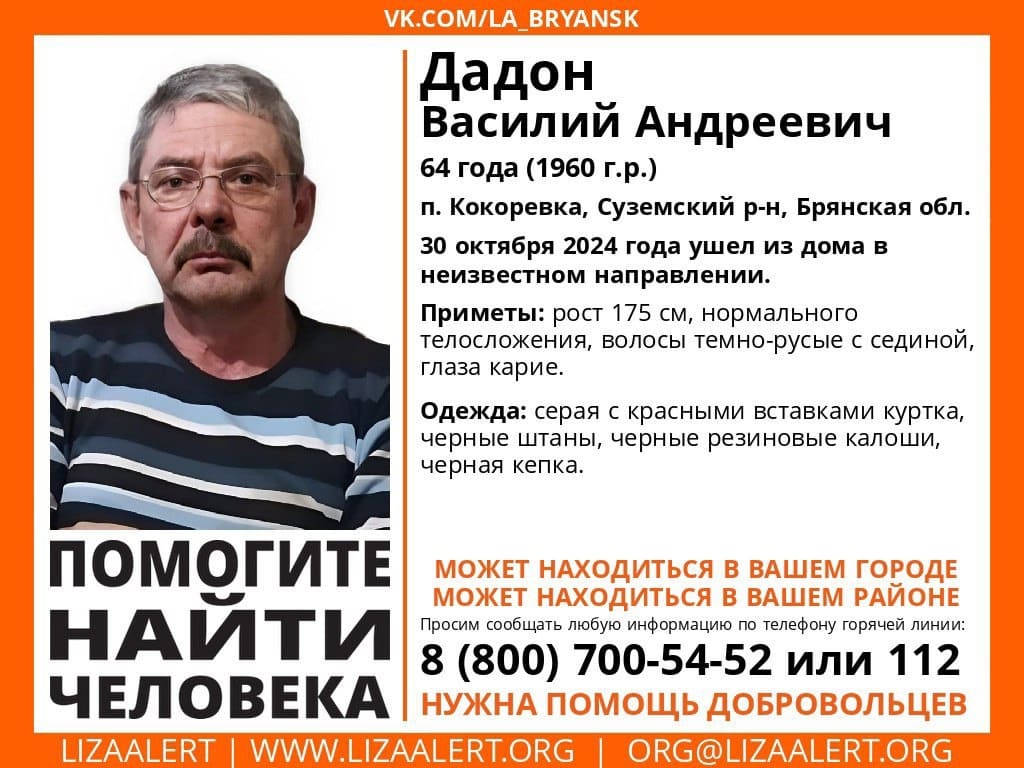 В Суземском районе Брянской области пропал без вести 64-летний Василий Дадон