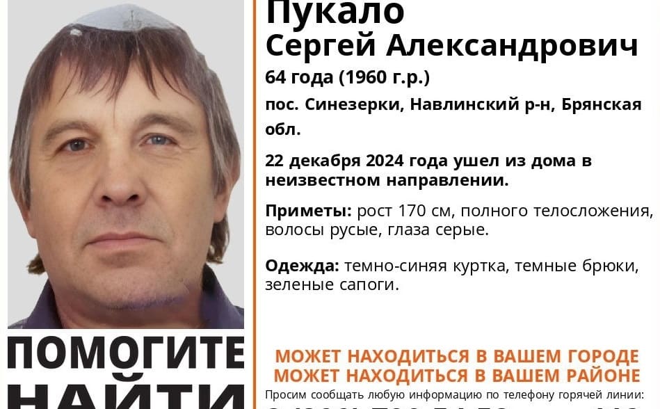 Пропавшего в Навлинском районе 64-летнего Сергея Пукало нашли живым